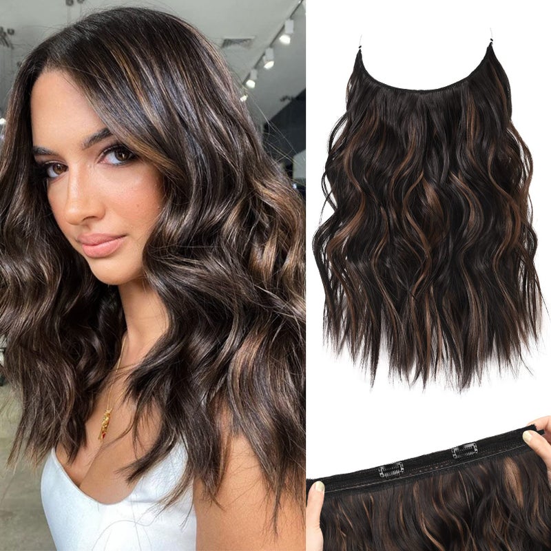 REECHO Invisible Wire Hair Extensions with Thinner Softer Lace Weft Chocolate Brown with Highlights 12 Inch Pack of 1